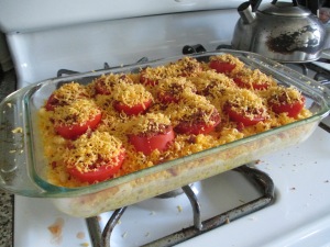 Mac 'n Cheese with tomato slices before it goes into the oven. Trust me it beats Kraft.